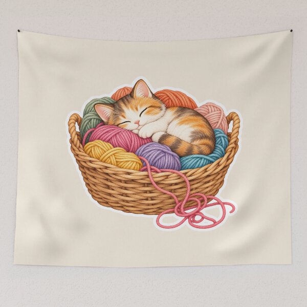 Item preview, Cute Calico Kitten Sleeping in a Yarn Basket designed and sold by Small Kine Prints.