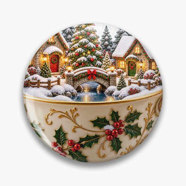 Item preview, Christmas Village in a Teacup PNG Clipart with Snowy Cottages and Gold Details designed and sold by AnnavelleStudio.