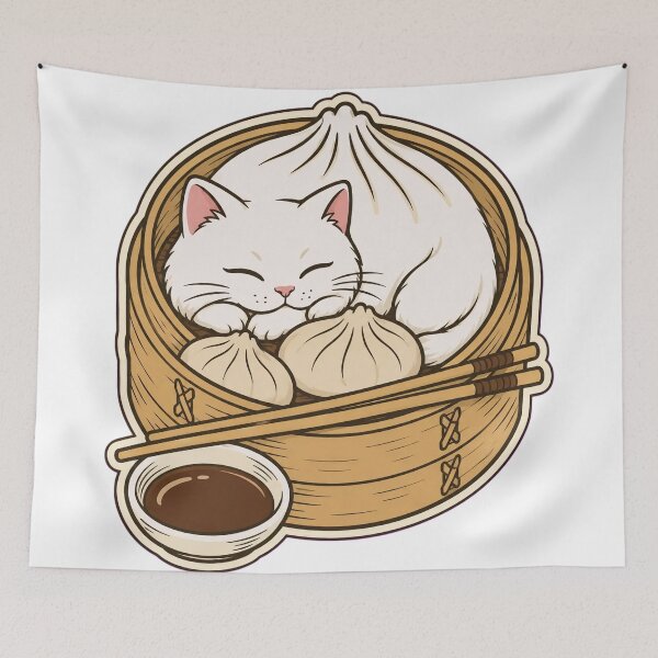 Item preview, Dumpling Cat Sticker | Cute Cat Asleep in a Bamboo Steamer Dim Sum Die Cut designed and sold by StickyGuys.