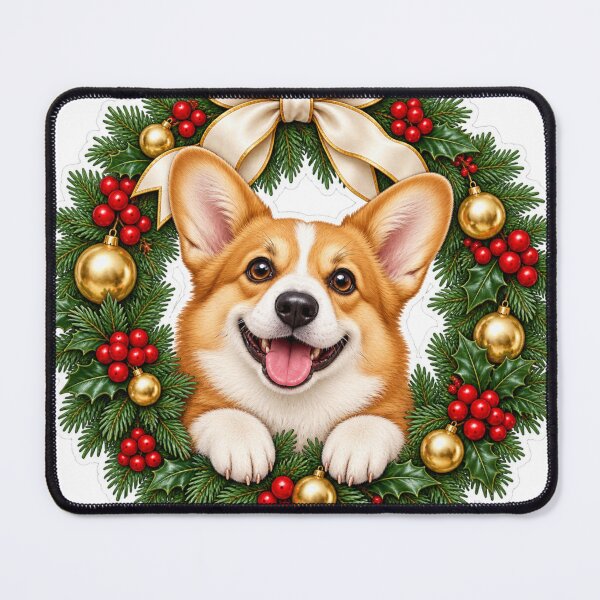 Item preview, Cute Corgi Christmas Wreath PNG Clipart with Gold Ornaments and Cream Bow designed and sold by AnnavelleStudio.