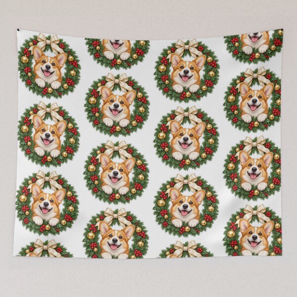 Item preview, Cute Corgi Christmas Wreath PNG Clipart with Gold Ornaments and Cream Bow designed and sold by AnnavelleStudio.
