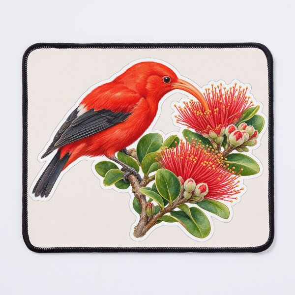 Item preview, Red Hawaiian Honeycreeper Iiwi Bird with Lehua designed and sold by peachycrossing.