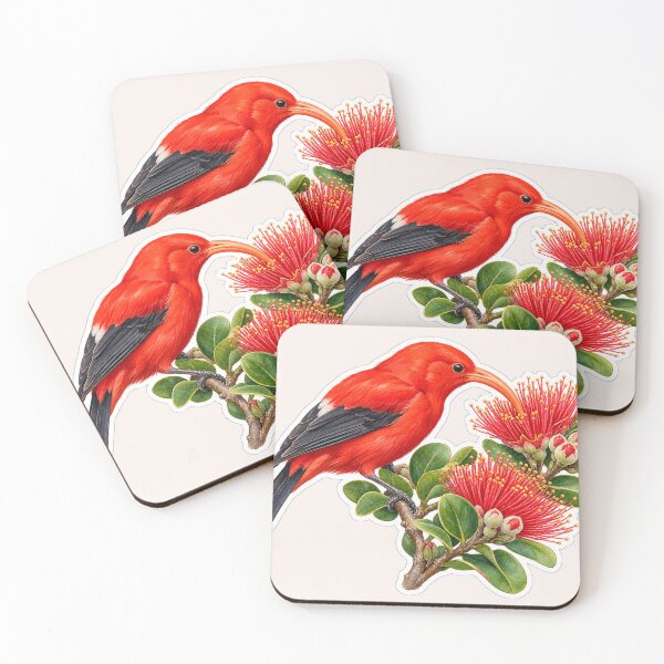 Item preview, Red Hawaiian Honeycreeper Iiwi Bird with Lehua designed and sold by Small Kine Prints.