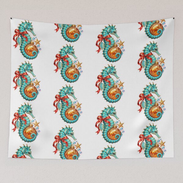 Item preview, Christmas Seahorse PNG Clipart with Red Bow, Gold Ornament and Iridescent Bubbles designed and sold by AnnavelleStudio.