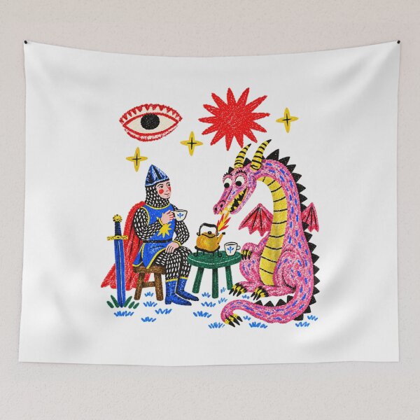 Item preview, Dragon Tea Party Knight and Pink Dragon Folk Art designed and sold by Angryblu3.