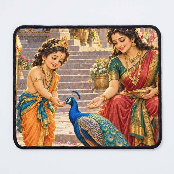 Aperçu de l'œuvre Bala Kartikeya et Parvati nourrissant un paon — Art de Murugan créée et vendue par Homyar.