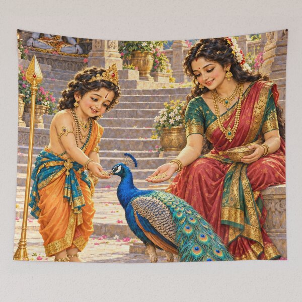 Item preview, Bala Kartikeya y Parvati alimentando a un pavo real — Arte de Murugan designed and sold by Homyar.