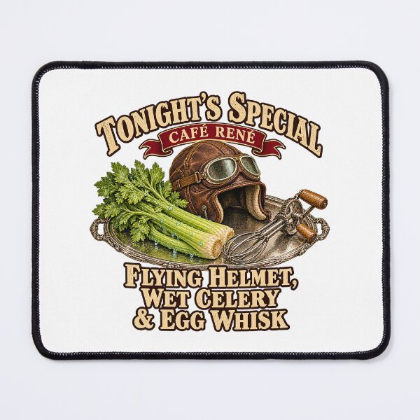 Item preview, TONIGHT'S SPECIAL - CAFÉ RENÉ - FLYING HELMET, WET CELERY & EGG WHISK designed and sold by WheelieGdArt.