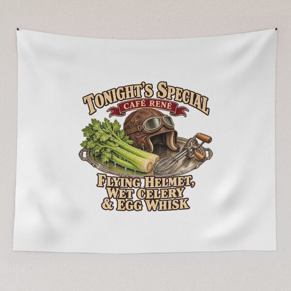 Item preview, TONIGHT'S SPECIAL - CAFÉ RENÉ - FLYING HELMET, WET CELERY & EGG WHISK designed and sold by WheelieGdArt.