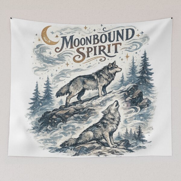 Item preview, Moonbound Spirit Wolves Under Crescent Moon Mystical Wilderness Design designed and sold by inkoutninja.