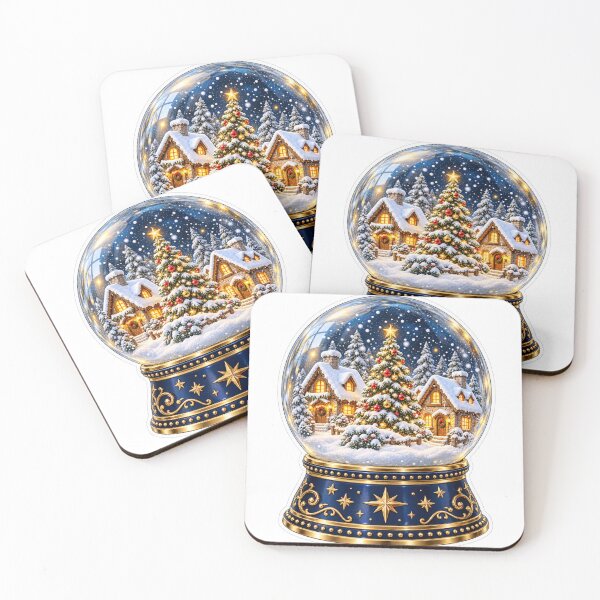 Item preview, Christmas Snow Globe PNG Clipart with Snowy Cottages, Christmas Tree and Navy Gold Base designed and sold by AnnavelleStudio.