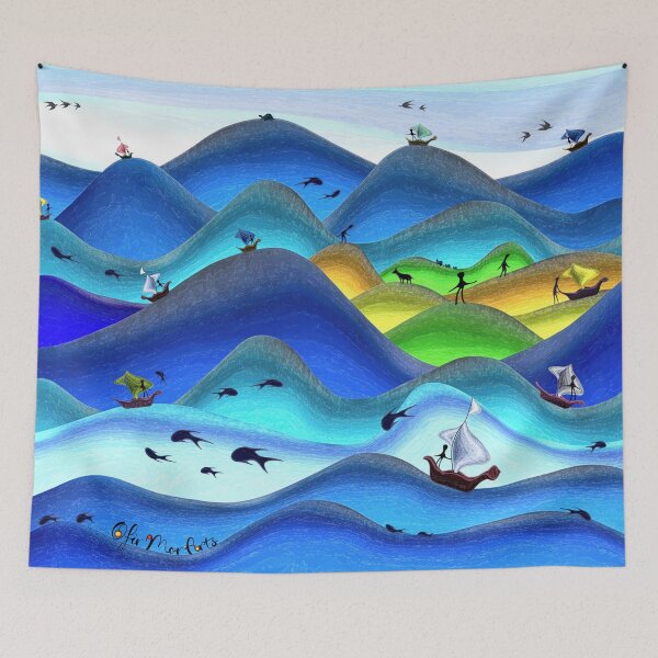 Item preview, Fantasy Landscape Art – Whimsical Ocean Waves with Sailboats and Green Island Hills | Naive Ocean Painting designed and sold by Ofir mor.