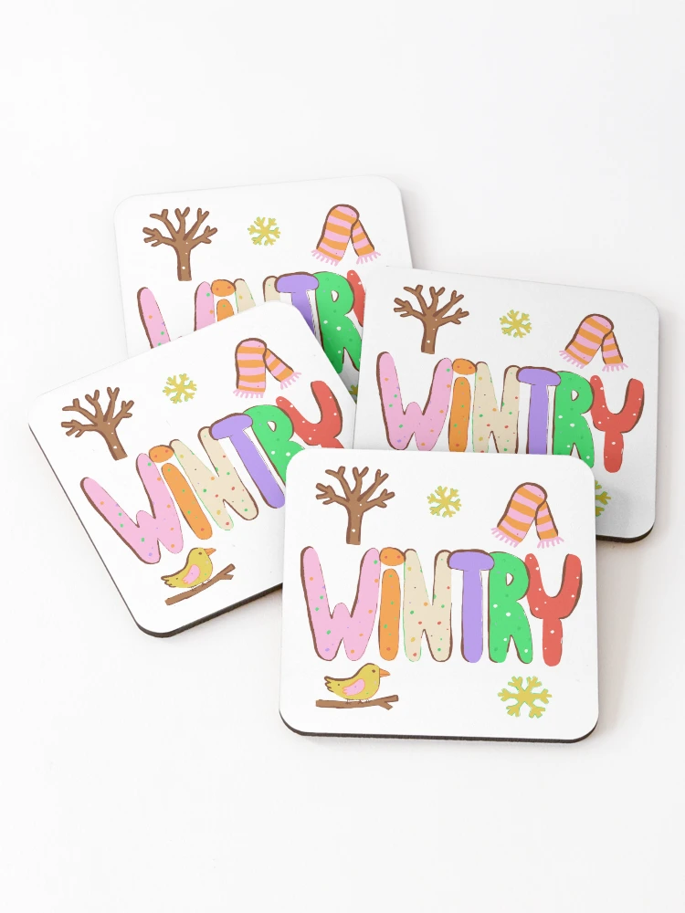Thumbnail 1 of 5, Coasters (Set of 4), Wintry Walk Lettering - Riso Doodle Print designed and sold by BysonDesigns.