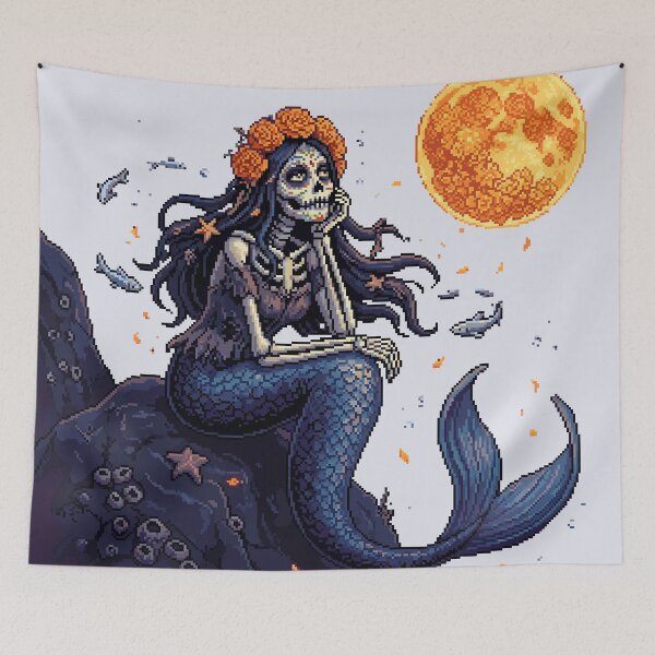 Item preview, Marigold Moon Siren — Day of the Dead Catrina Mermaid Pixel Art designed and sold by PixelBrujeria.
