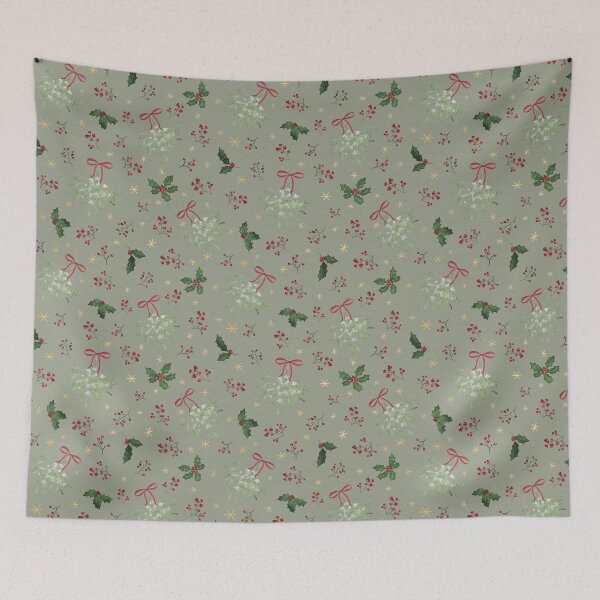 Item preview, Watercolor Mistletoe Holly Red Green on sage designed and sold by Designs by christel_treiber.