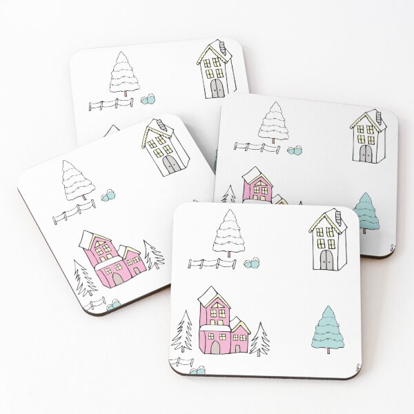 Item preview, Christmas snowy homes in pink designed and sold by Quiet Waters Design.