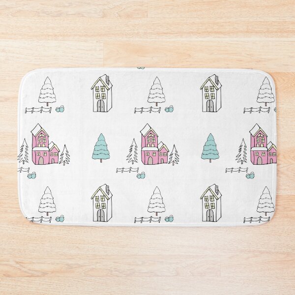 Item preview, Christmas snowy homes in pink designed and sold by Quiet Waters Design.