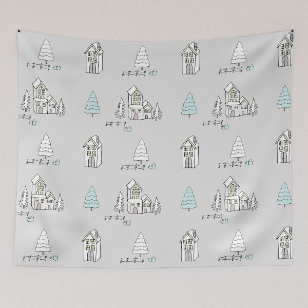 Item preview, Christmas snowy homes in neutrals designed and sold by Quiet Waters Design.