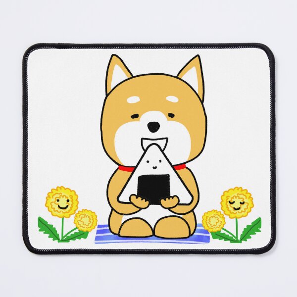 Item preview, Shiba Inu eating a large onigiri with a smile next to the dandelion designed and sold by neriko.