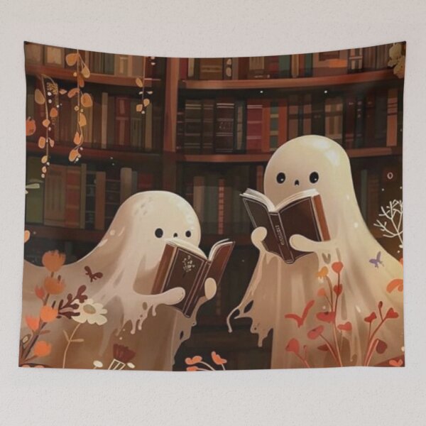 Item preview, Cute Ghosts Reading Books in Library — Cozy Autumn Halloween Art designed and sold by LYAN-STORE.