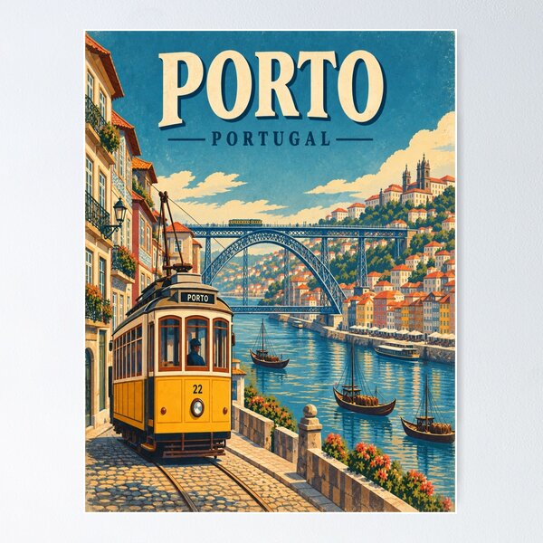 Item preview, Porto Portugal Vintage Travel Poster – Tram, Douro River & Dom Luís I Bridge designed and sold by Globalcitytees.