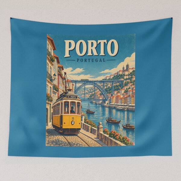 Item preview, Porto Portugal Vintage Travel Poster – Tram, Douro River & Dom Luís I Bridge designed and sold by Globalcitytees.