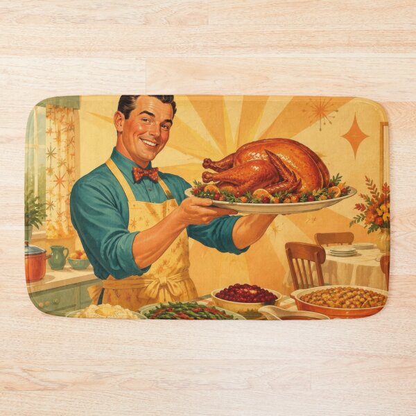 Item preview, Vintage man with holiday roast turkey in kitchen designed and sold by Mauswohn.