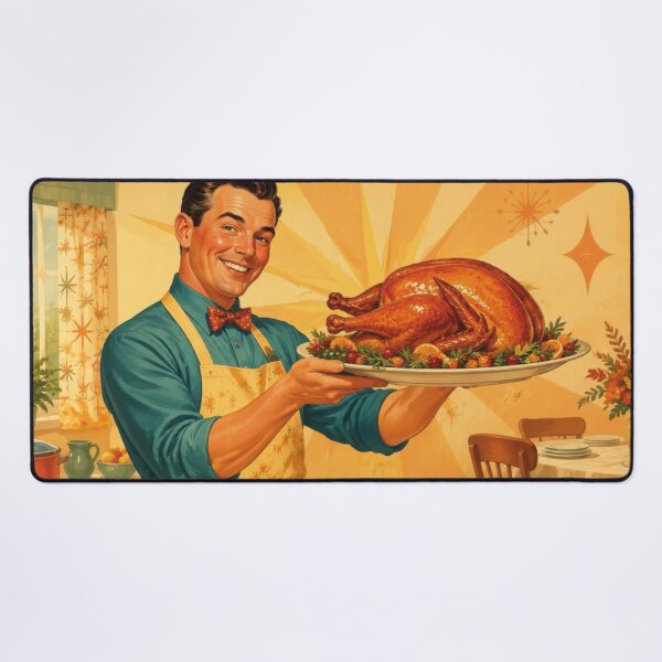 Item preview, Vintage man with holiday roast turkey in kitchen designed and sold by Mauswohn.