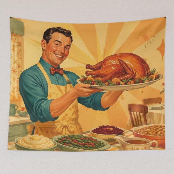 Item preview, Vintage man with holiday roast turkey in kitchen designed and sold by Mauswohn.