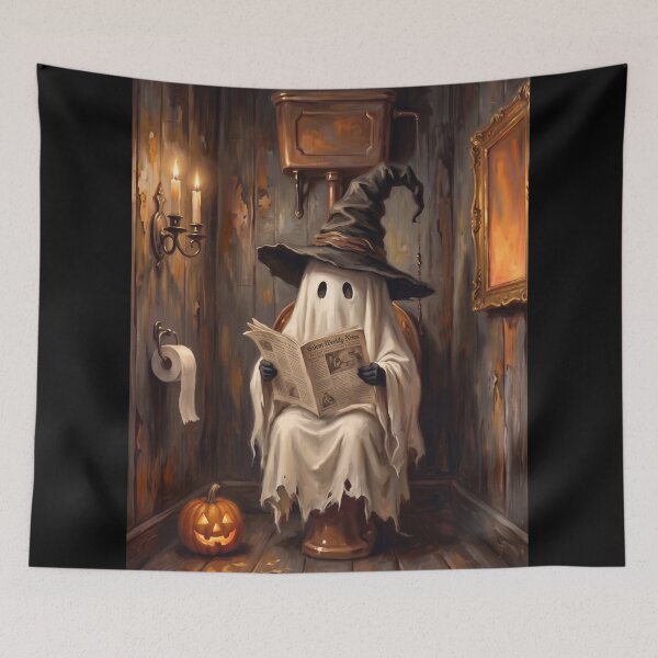 Item preview, Witch Hat Ghost Reading Salem News on Toilet Poster – Cute Ghost Bathroom Wall Art Funny Halloween Spooky Print Rustic Witch Ghost Toilet Decor designed and sold by zoes-cott.