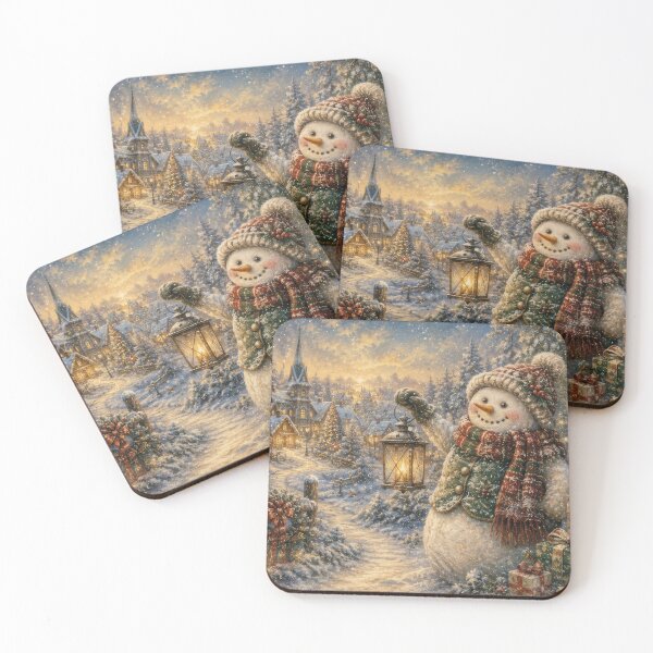 Item preview, Snowman with lantern in a snowy Christmas village designed and sold by Mauswohn.