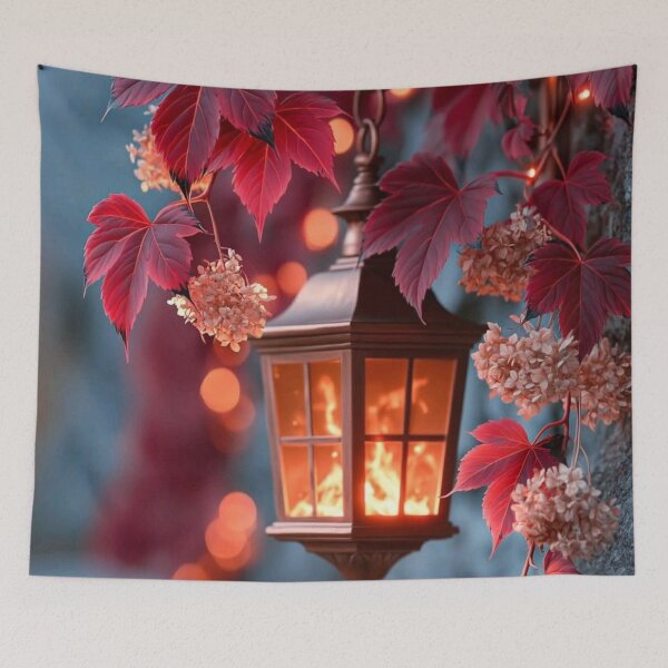 Item preview, Cozy Autumn Lantern and Red Leaves — Glowing Vintage Fall Scenery designed and sold by LYAN-STORE.