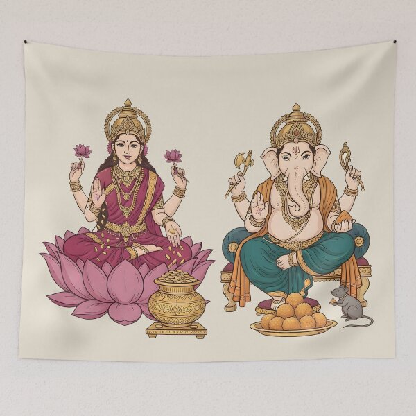 Item preview, Lakshmi Ganesha Colored Line Art designed and sold by hutofdesigns.