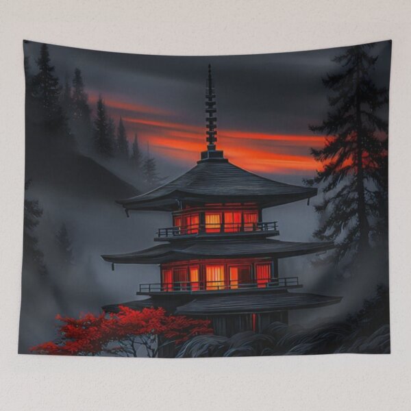 Item preview, Japanese Temple at Night Sunset — Dark Pagoda Mountain Landscape designed and sold by LYAN-STORE.