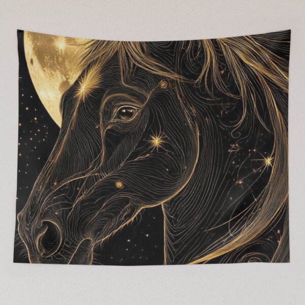 Item preview, Gold Line Art Celestial Horse — Crescent Moon and Stars designed and sold by LYAN-STORE.