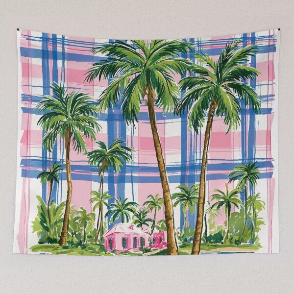 Aperçu de l'œuvre Maison rose, motif Madras rose et bleu créée et vendue par RichardRags.