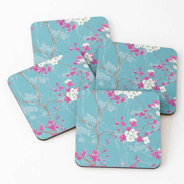 Item preview, Japanese Cherry Blossom Floral Branches Turquoise Pink Asian Pattern designed and sold by GrinGalore.