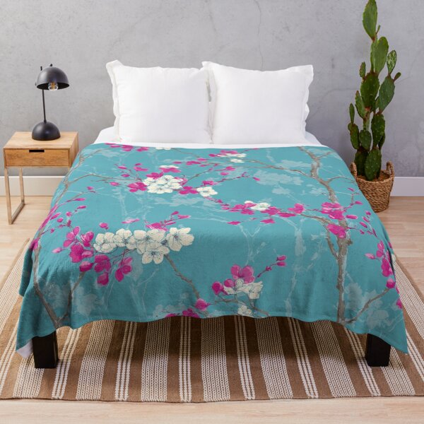 Item preview, Japanese Cherry Blossom Floral Branches Turquoise Pink Asian Pattern designed and sold by GrinGalore.