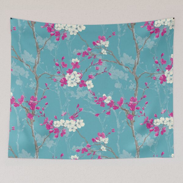 Item preview, Japanese Cherry Blossom Floral Branches Turquoise Pink Asian Pattern designed and sold by GrinGalore.