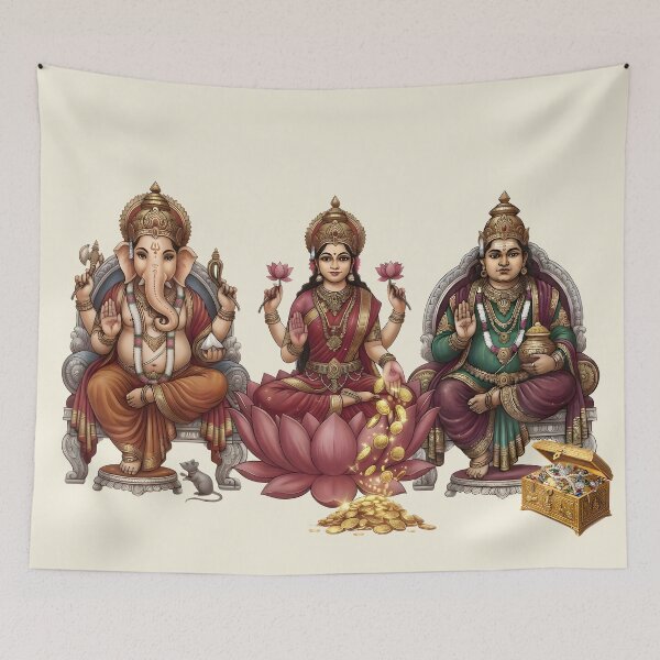 Aperçu de l'œuvre Lakshmi Ganesha Kubera Art de la richesse divine créée et vendue par hutofdesigns.
