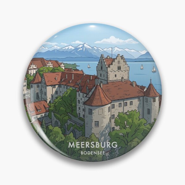 Item preview, Meersburg on Lake Constance old castle and new palace with Swiss Alps Vintage Retro Illustration  designed and sold by strandbar.