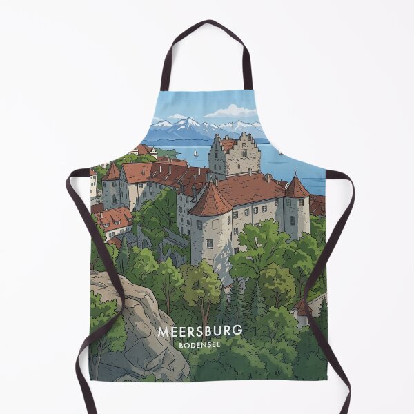 Aperçu de l'œuvre Meersburg sur le lac de Constance, vieux château et nouveau palais avec les Alpes suisses, illustration rétro vintage créée et vendue par strandbar.