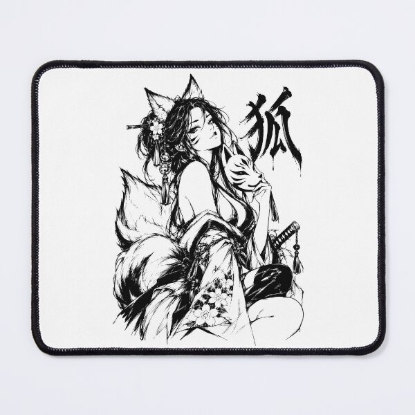 Item preview, Ink-Style Japanese Kitsune Girl with Fox Mask designed and sold by bapupa.