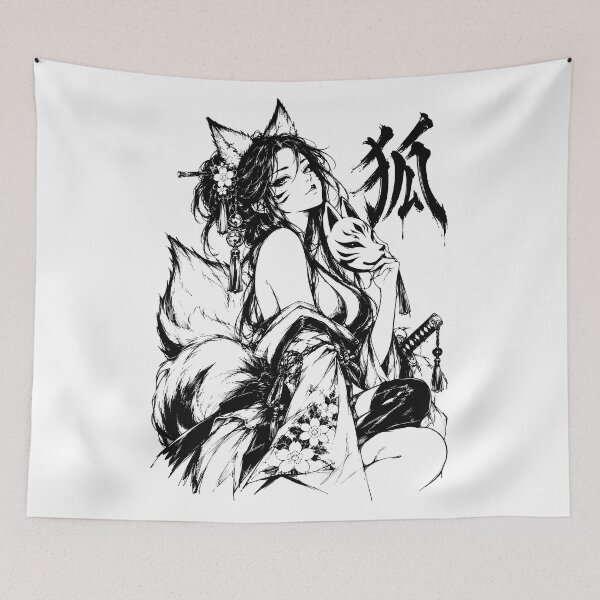 Item preview, Ink-Style Japanese Kitsune Girl with Fox Mask designed and sold by bapupa.