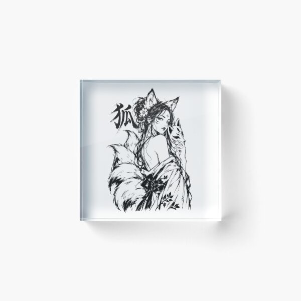 Item preview, Ink-Washed Japanese Kitsune Girl with Fox Mask designed and sold by bapupa.