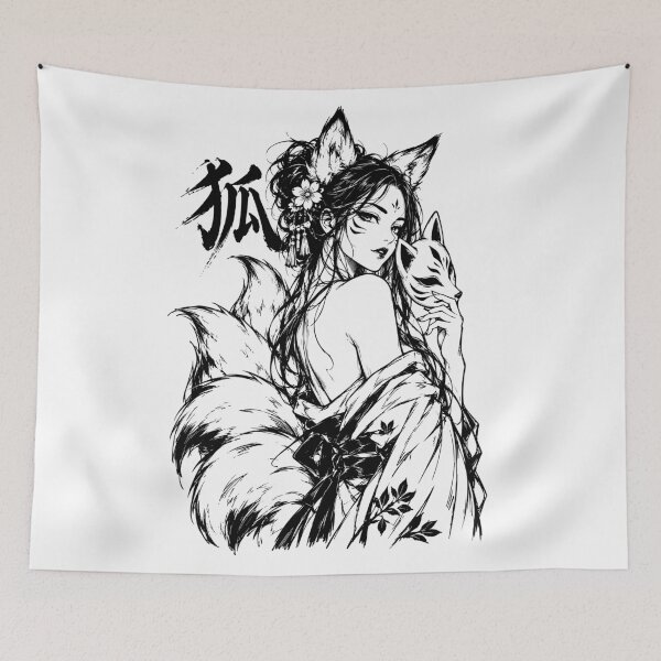 Item preview, Ink-Washed Japanese Kitsune Girl with Fox Mask designed and sold by bapupa.