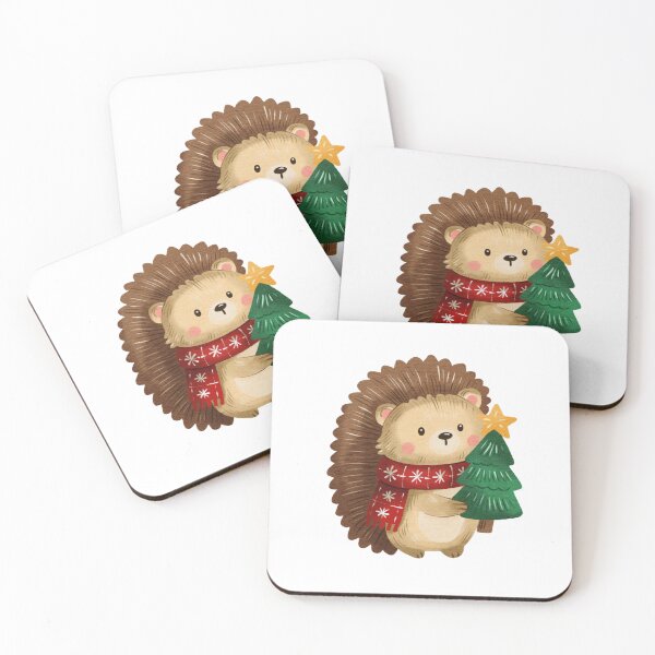 Item preview, Cute hedgehog holding a small Christmas tree with a star decoration in a festive setting designed and sold by Ms. Iryna.