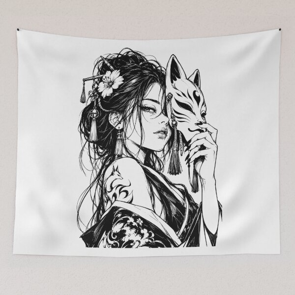 Item preview, Mysterious Japanese Kitsune Girl Mask Portrait designed and sold by bapupa.