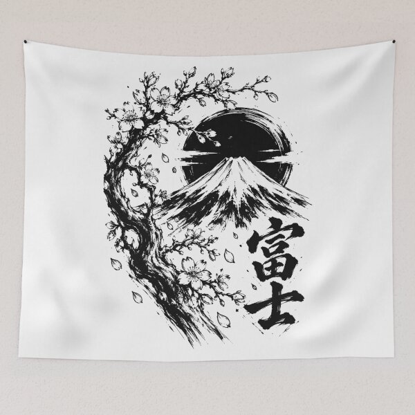 Item preview, Sumi-e Mount Fuji with Sakura and Calligraphy designed and sold by bapupa.