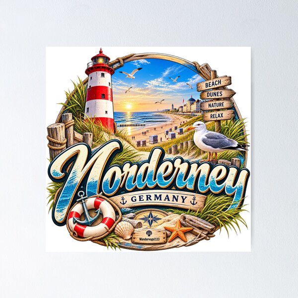 Artikelvorschau, Norderney Nordsee – Leuchtturm, Strand & maritimes Retro-Design entworfen und verkauft von Wandervogel123.